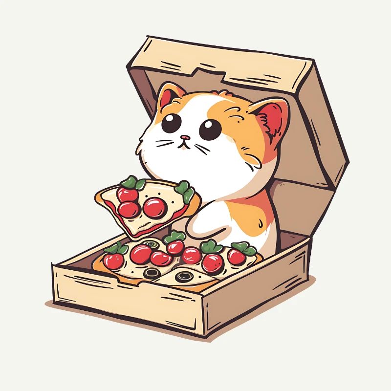 Cat Inside a Pizza Box Holding a Pizza Slice