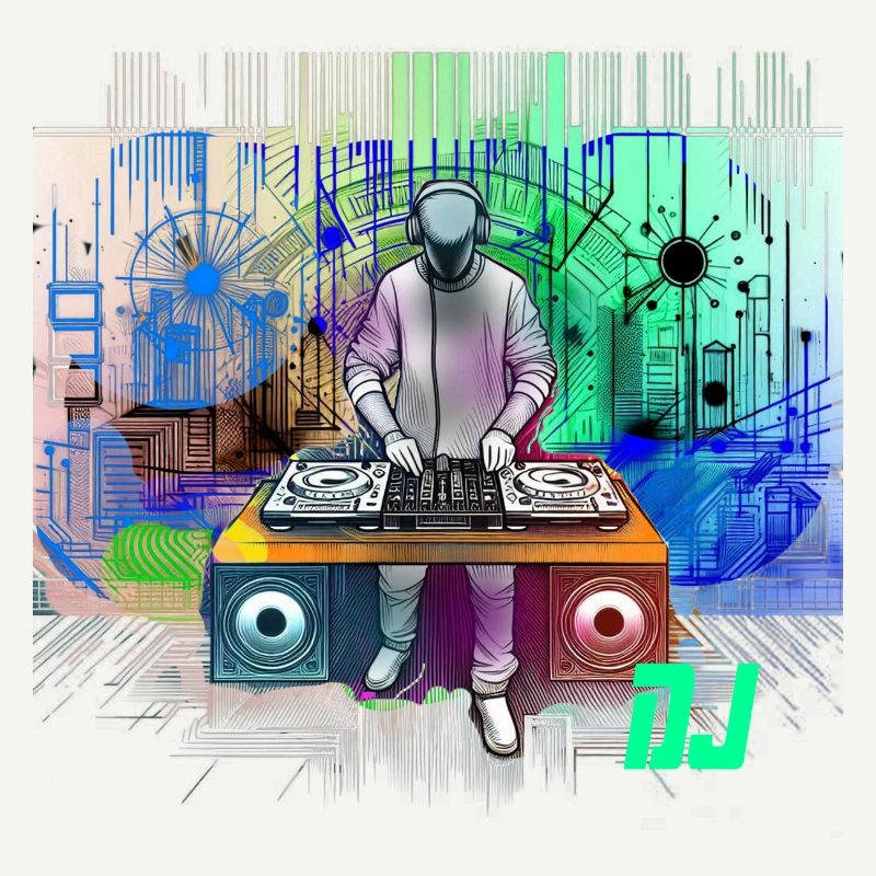 Dynamischer DJ mit bunten Techno-Designs