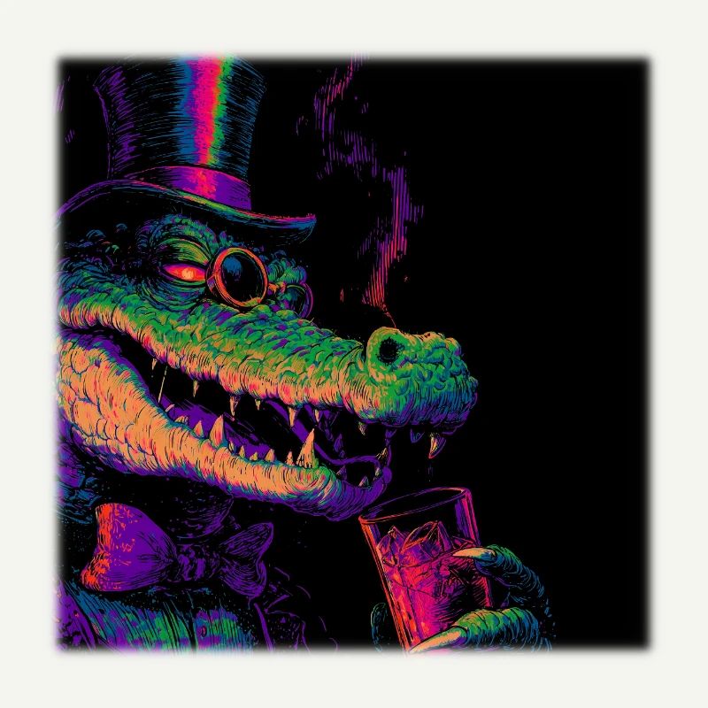 Crocodile néon avec haut-de-forme et boisson
