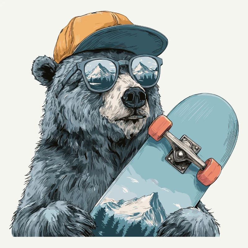 Bear Skater with Mountain Reflection