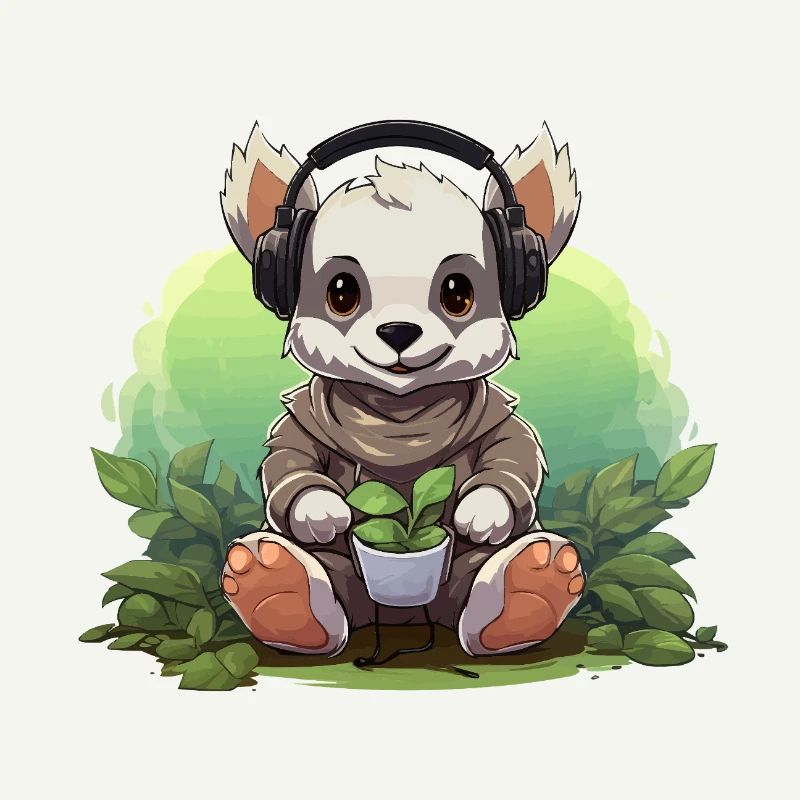 Kopfhörer-Panda beim Pflanzen