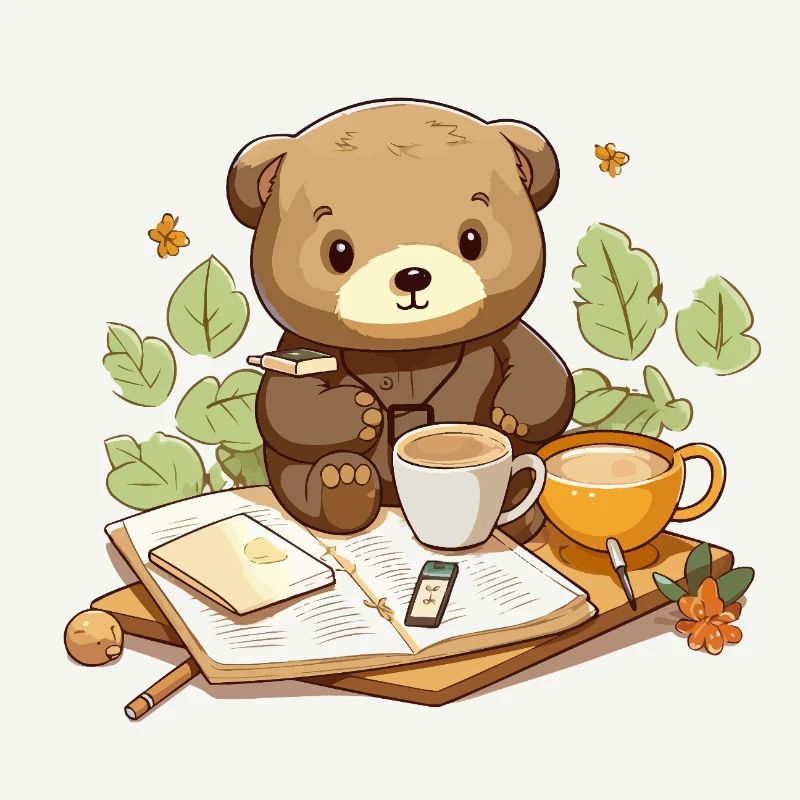 Cuddly bear reading with coffee