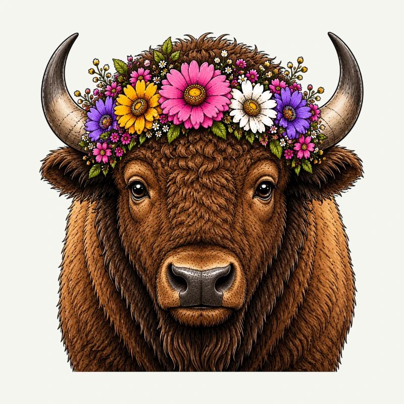 Bison décoré de fleurs