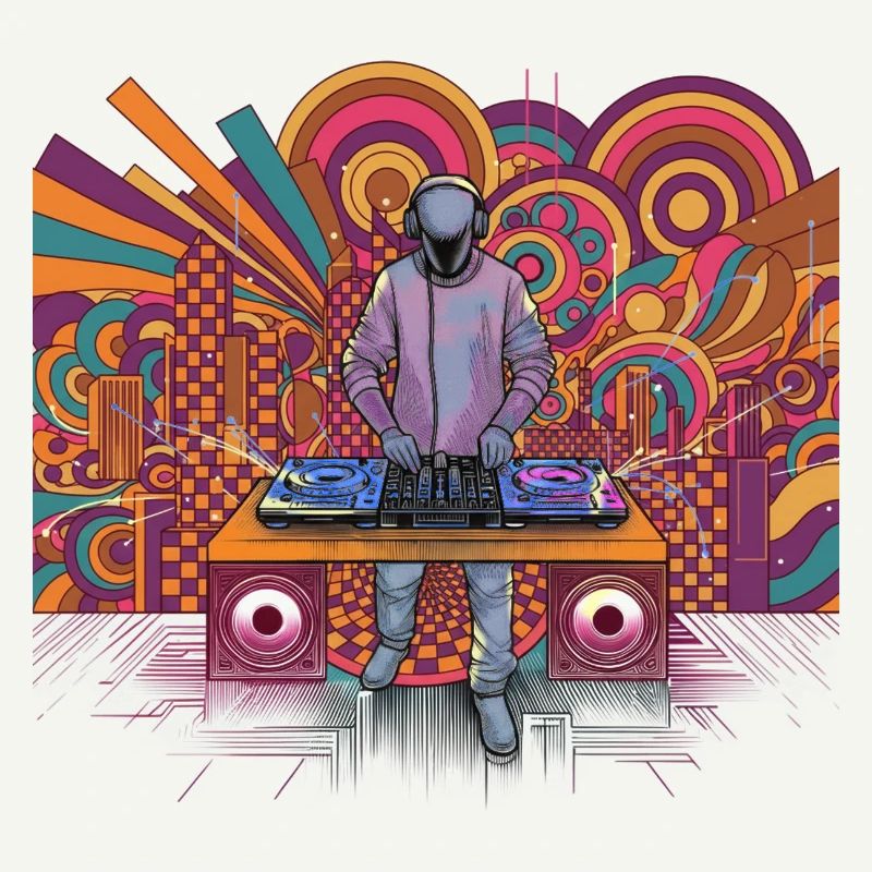 Futuristic DJ in a psychedelic background