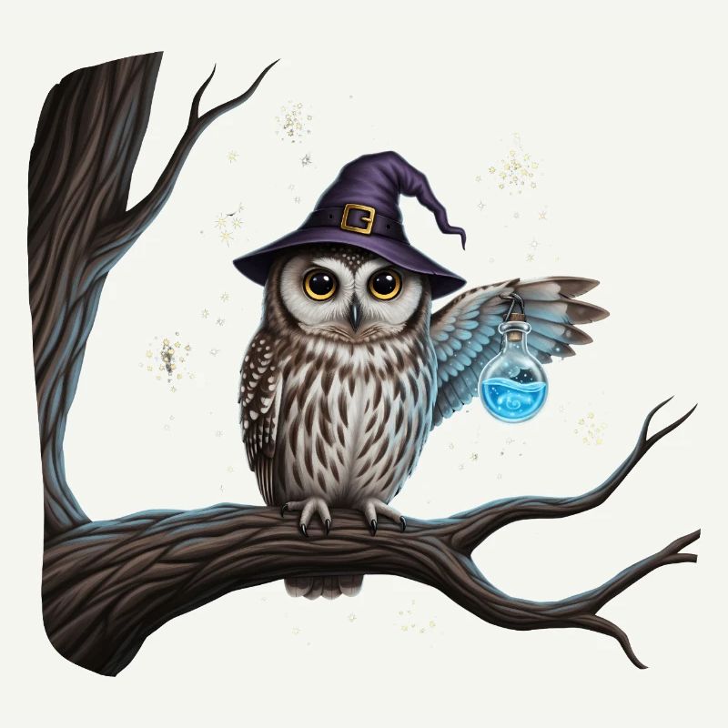 Magic owl with witch hat and magic bottle