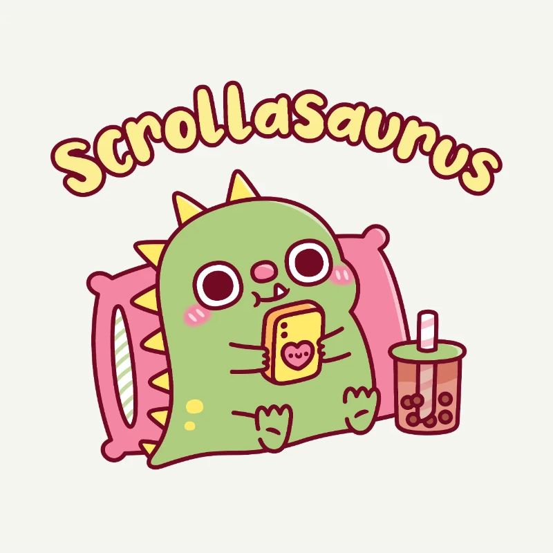 Niedlicher Scrollasaurus-Dinosaurier scrollt auf dem Handy