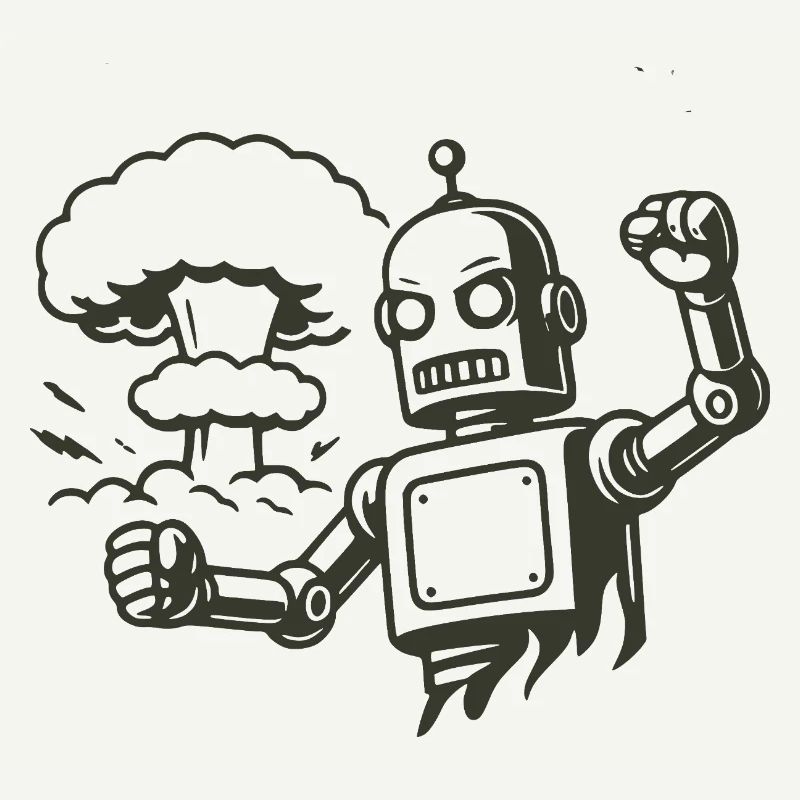 Robot rétro devant un nuage d’explosion