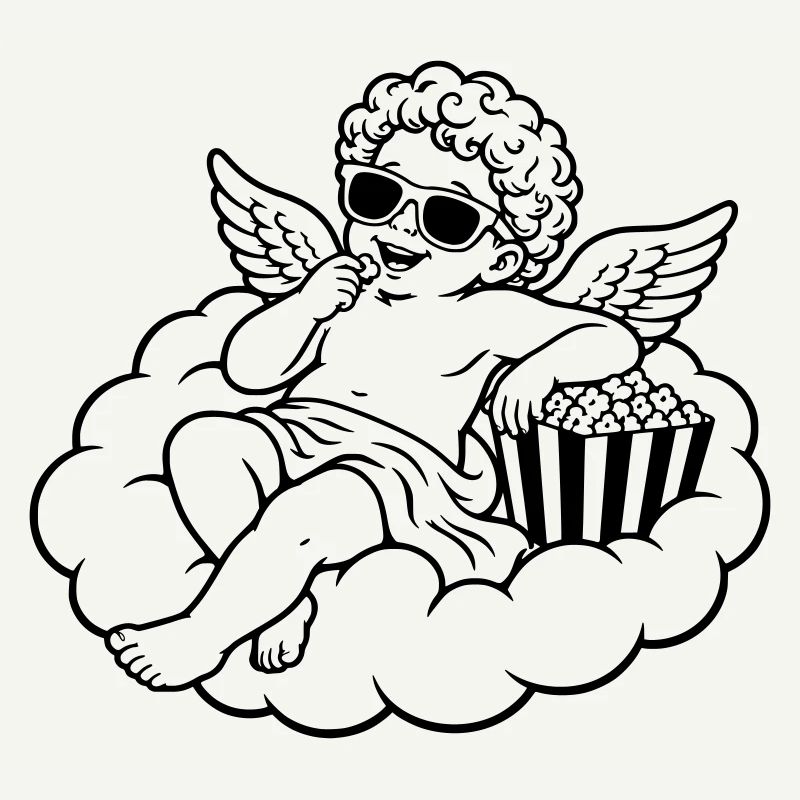 Un chérubin frissonne avec du pop-corn sur un nuage