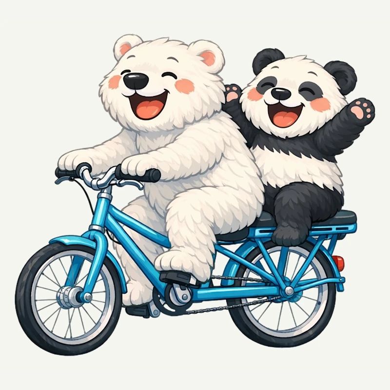 Two teddy bears on a bicycle