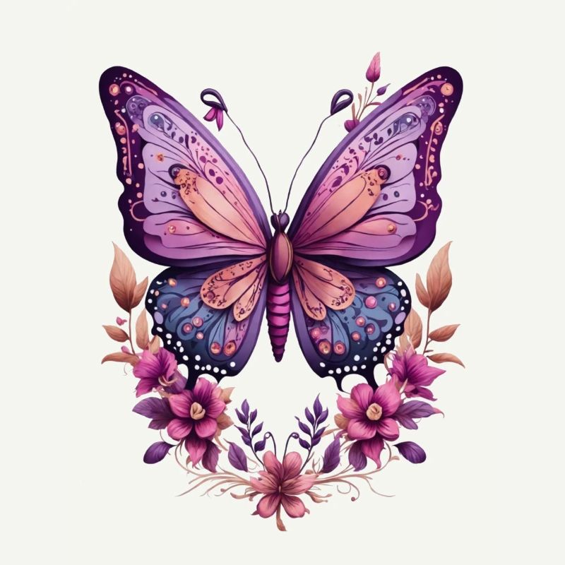 Papillon violet avec des fleurs