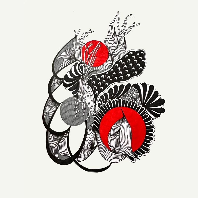 Cercles de fleurs monochromes avec rouge