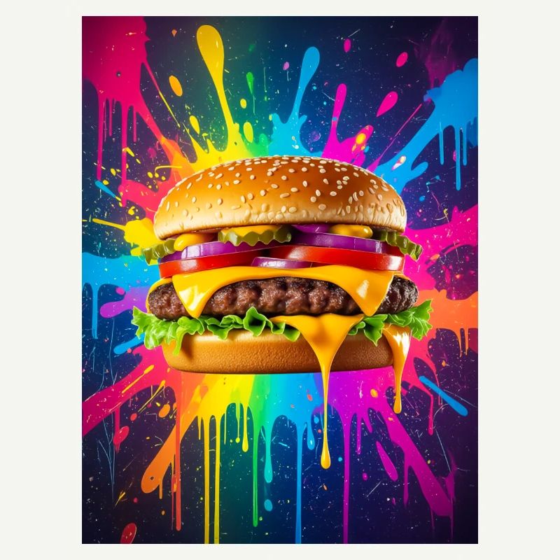 Saftiger Cheeseburger, der in kräftiger Neonfarbe glänzt