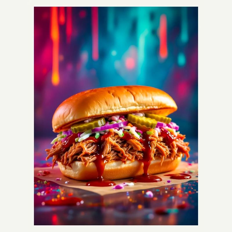 Juicy pulled pork burger surrounded by explosive