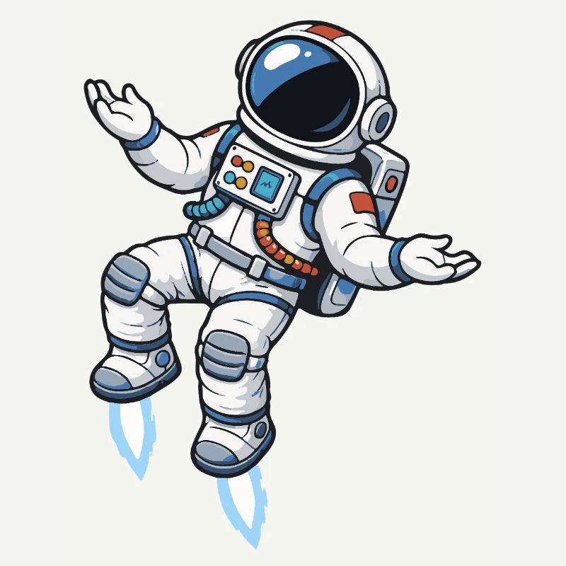 Schwebender Comic Astronaut mit Raketenantrieb