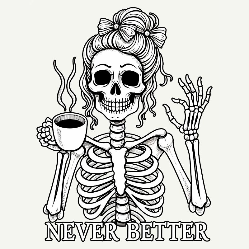 Funny skeleton drinking coffee
