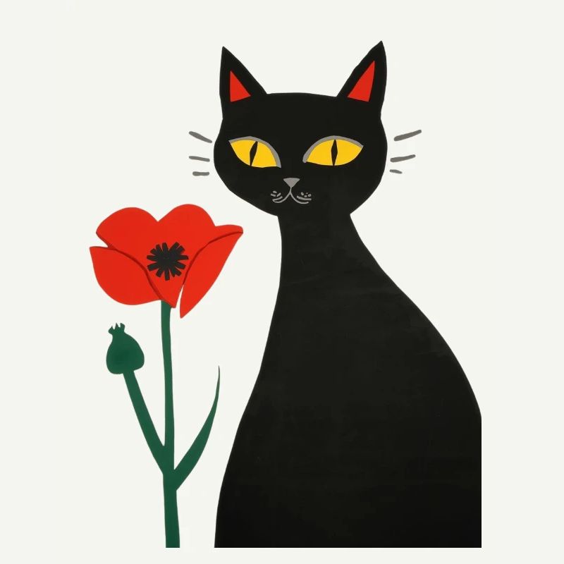 Schwarze Katze mit Mohnblumen