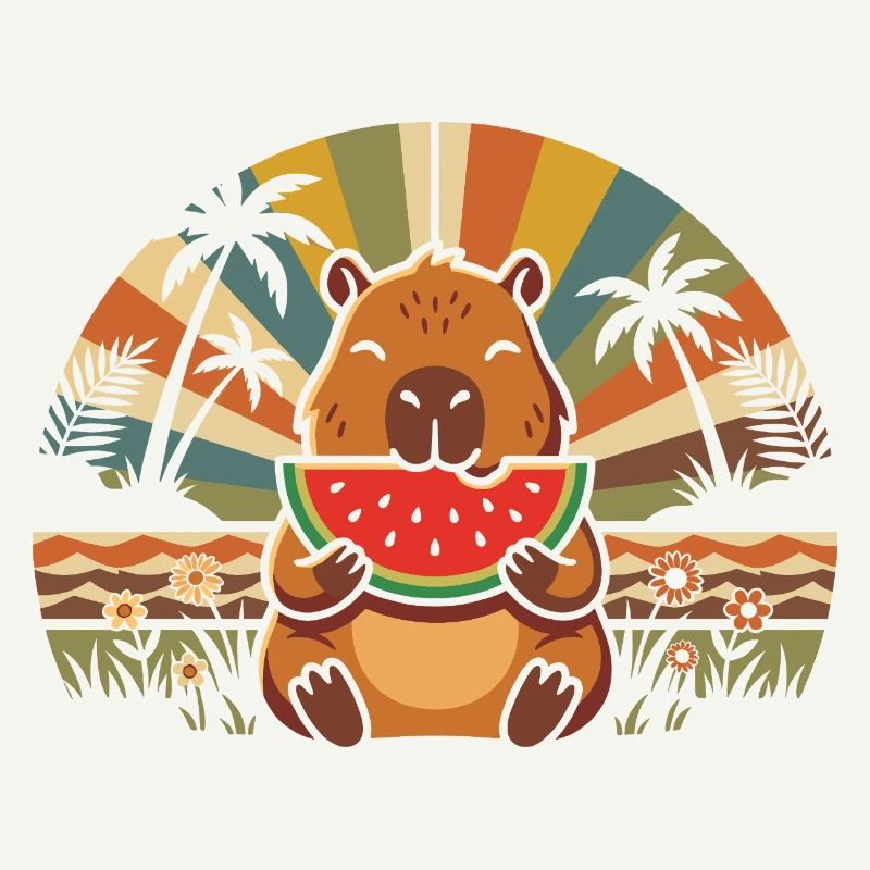 Ours en peaux sur la plage avec pastèque