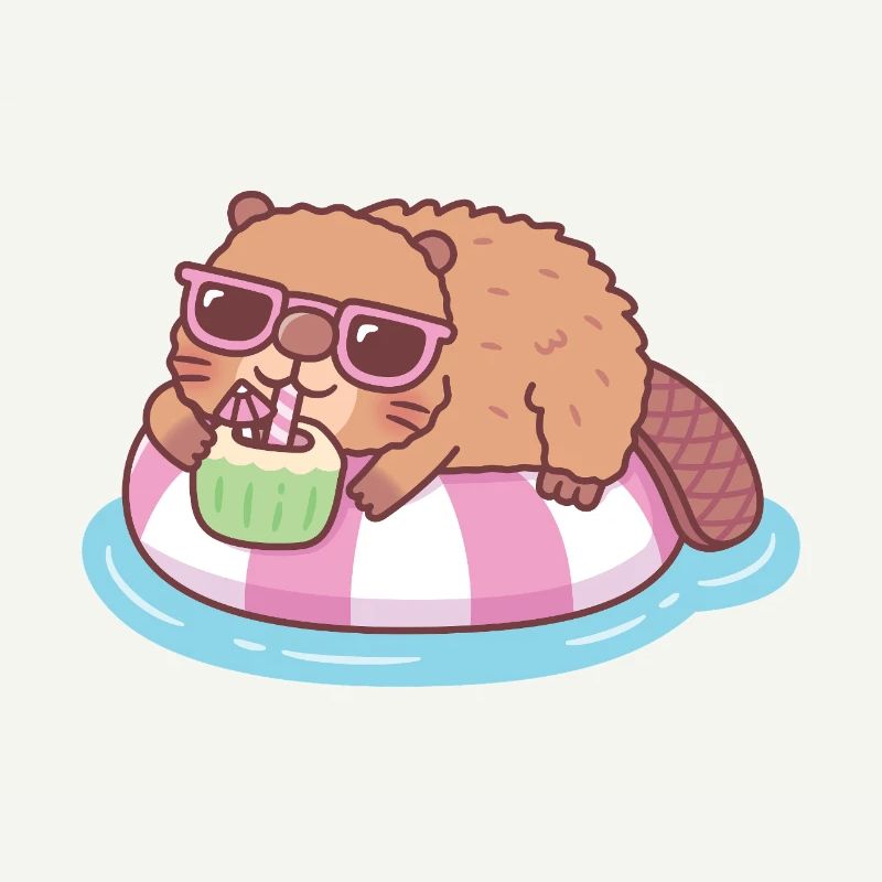 Cute Beaver Chilling On Pool Float With Coconut