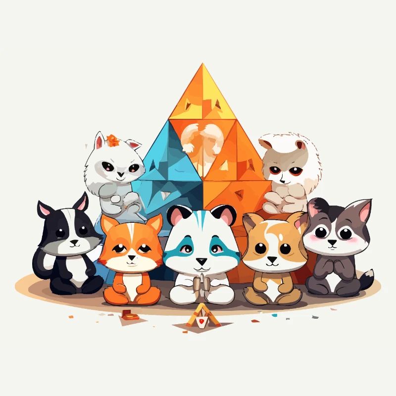 Des chats devant des pyramides de cristal colorées