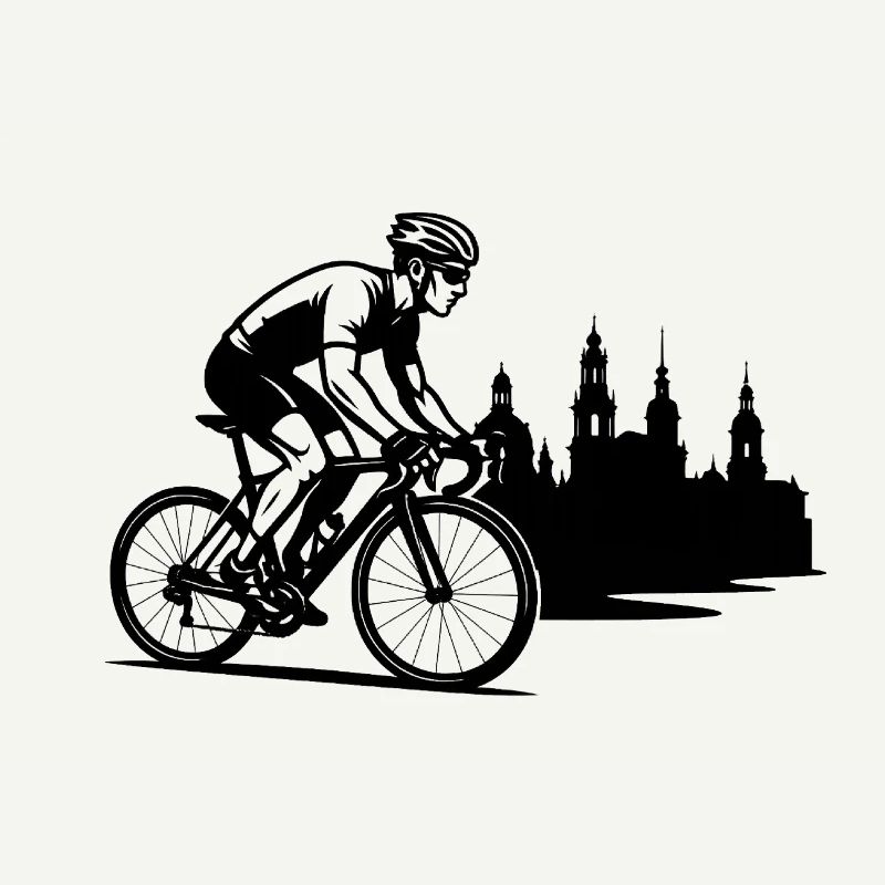 Des cyclistes en course devant la silhouette de Dresde