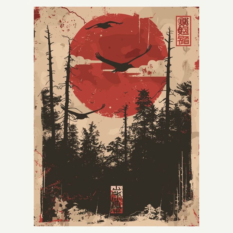 Red Sun Forest Ukiyo-e Forest Landscape