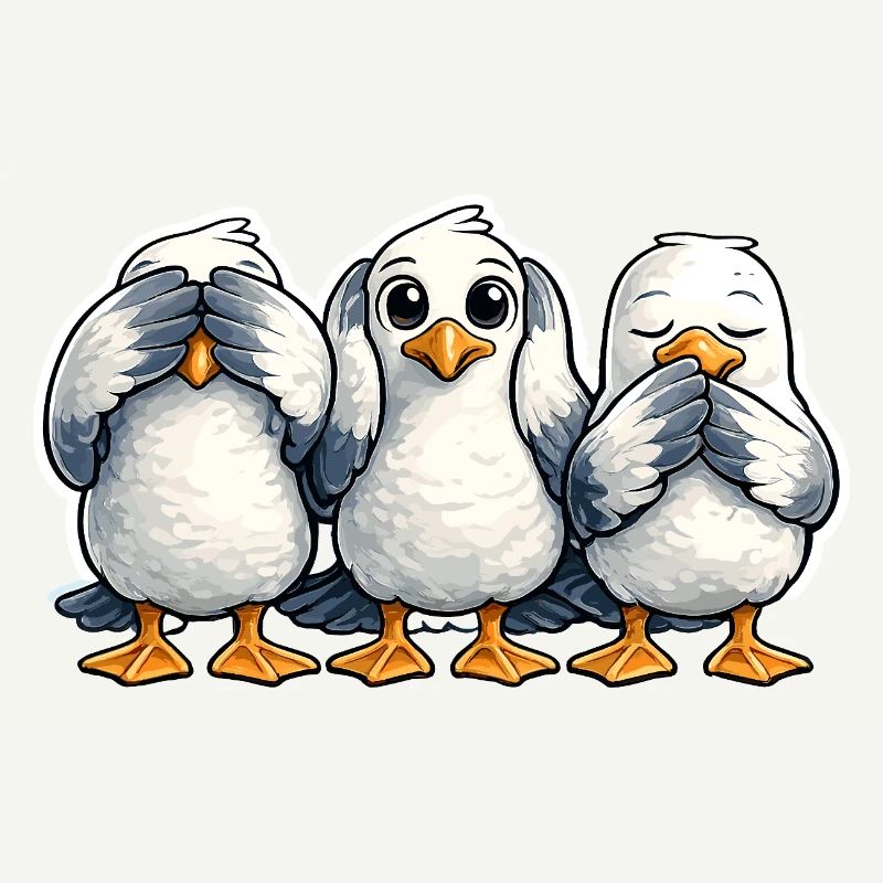 Three seagulls see nothing hear nothing say nothing