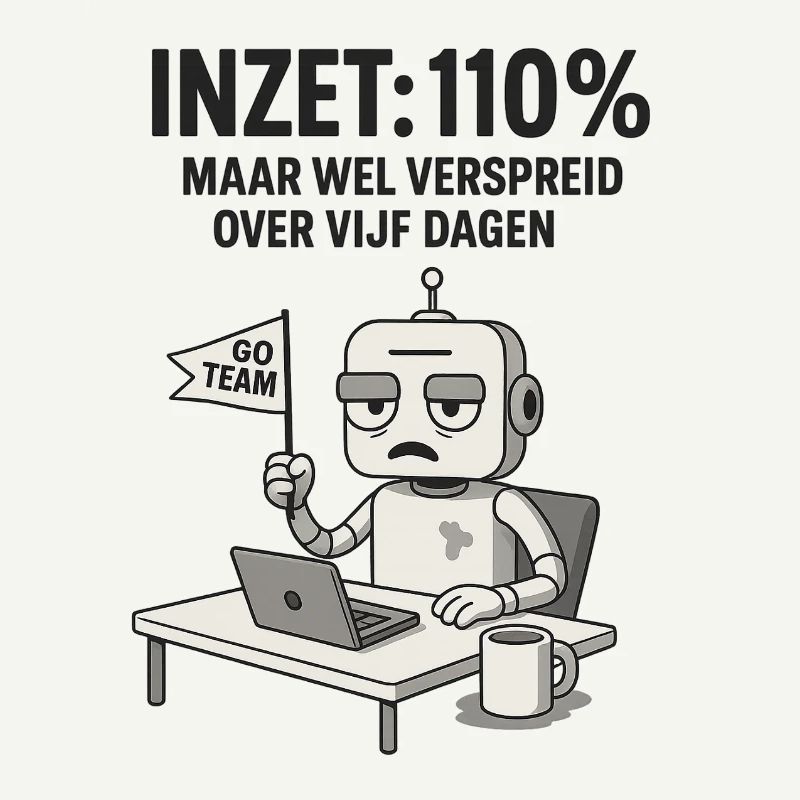 COMMITMENT: 110% – Robot at work with dry humor