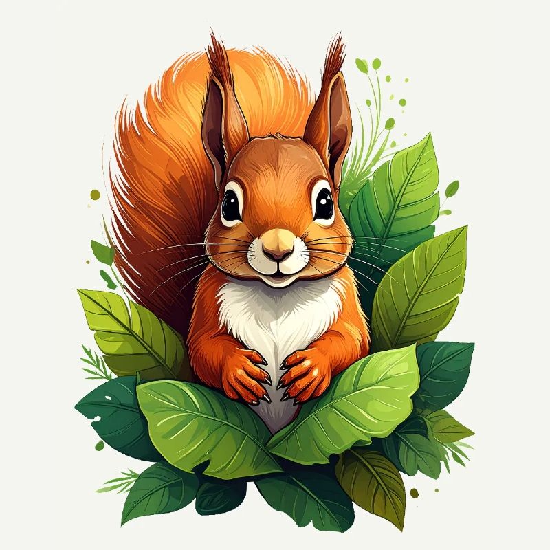 A squirrel between green leaves in the forest