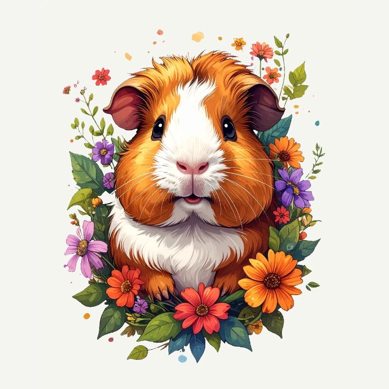 Petit cochon d’Inde mignon entouré de fleurs