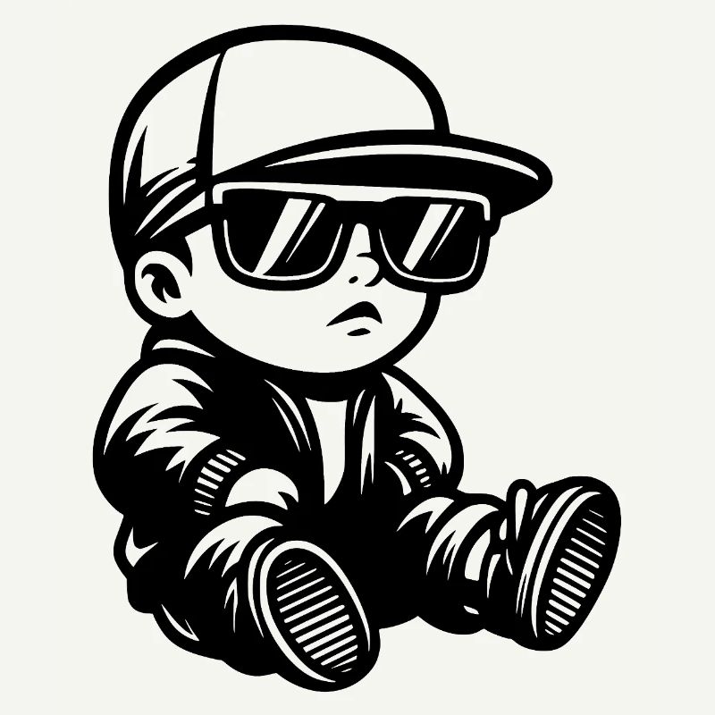 Bébé avec lunettes de soleil et casquette devant