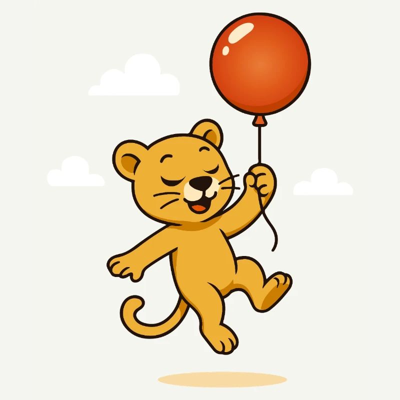 Fröhlicher Löwe mit Ballon schwebt durch die Lüfte