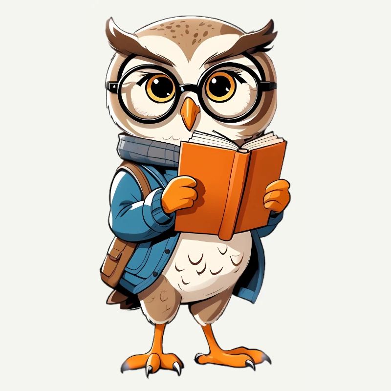 Lernende Eule mit Brille liest Buch
