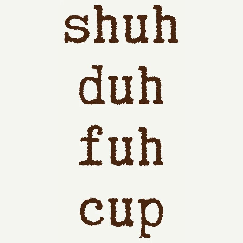 Rust-colored word art on mug