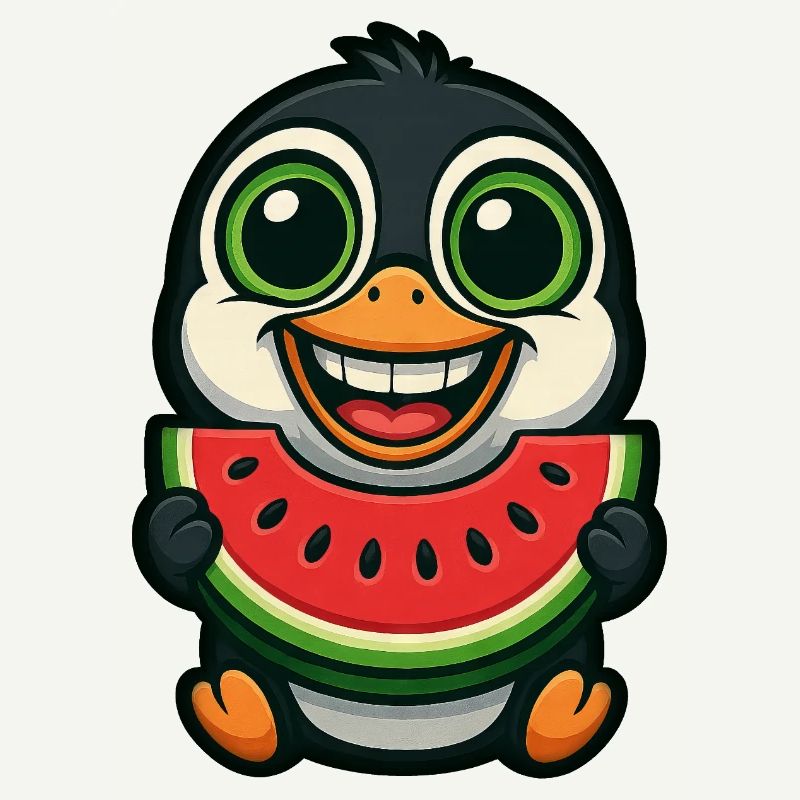 pingouin drôle avec un dessin animé d’été de pastèque