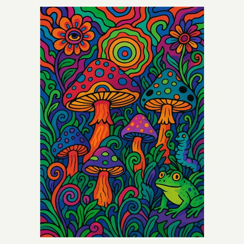 Forêt de champignons psychédéliques - Œuvres d’art rétro colorées