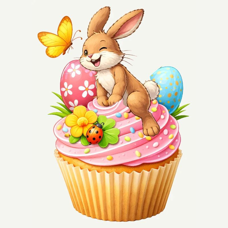 Cute Easter Bunny Cupcake with Colorful Easter Eggs