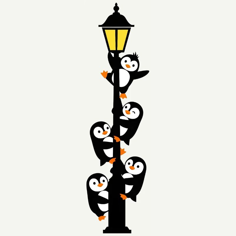 Penguins around a lamppost