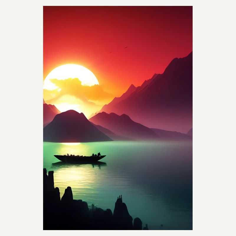 Landschaft mit See, Boot und Berge
