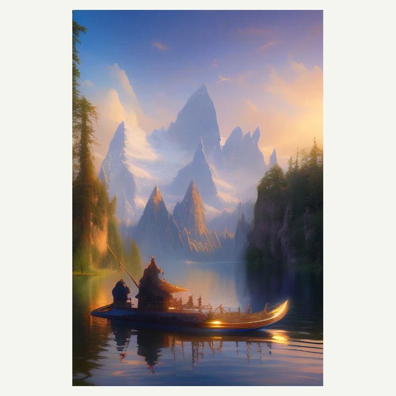 Landschaft mit See, Boot und Berge