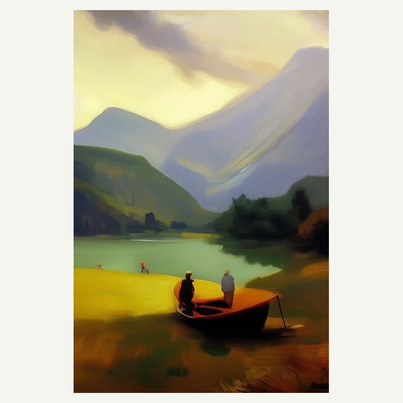 Landschaft mit See, Boot und Berge