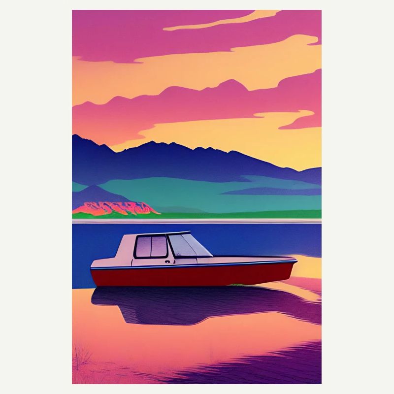 Landschaft mit See, Boot und Berge