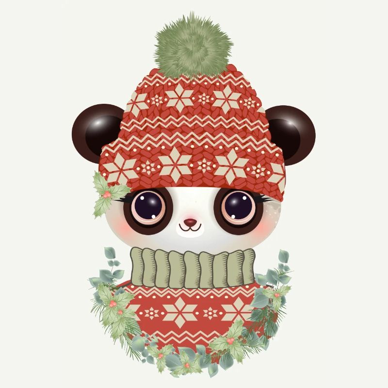 niedlicher Panda mit Pullover,Bommelmütze & Kranz
