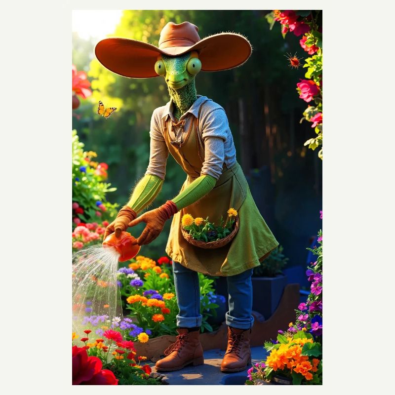 Humanoide Gartenmantis mit Scheunenhut