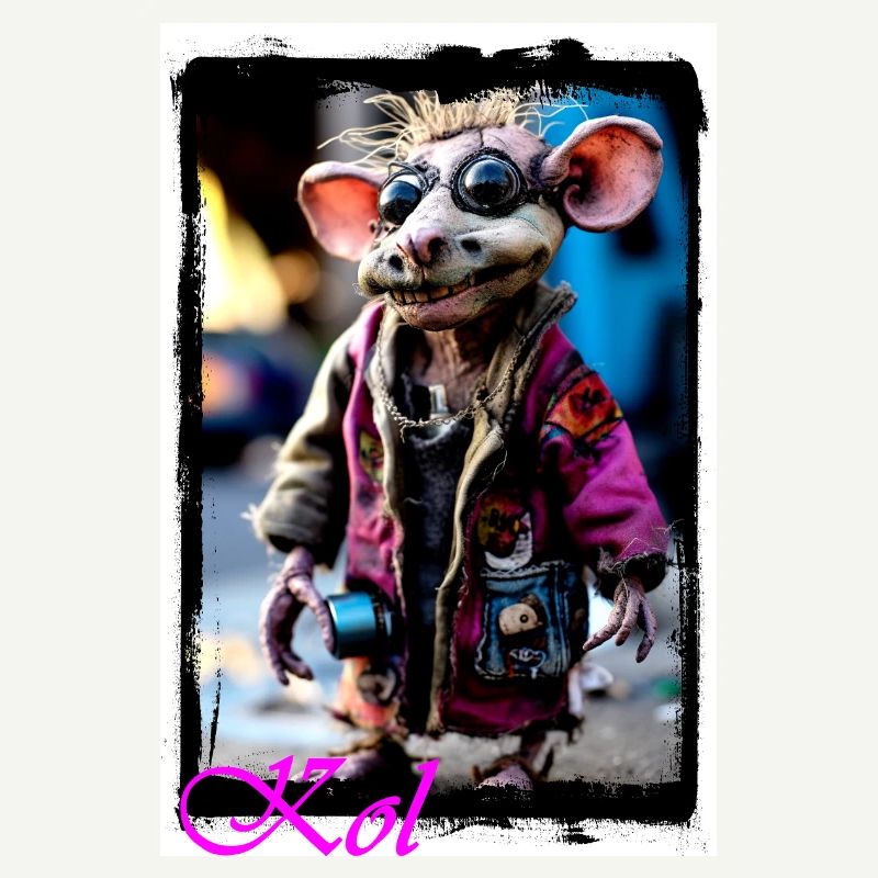 Bizarre mouse puppet as a punk with sunglasses