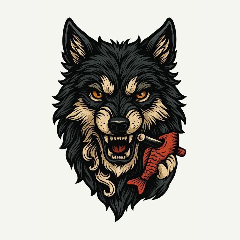 Wild wolf face with bone