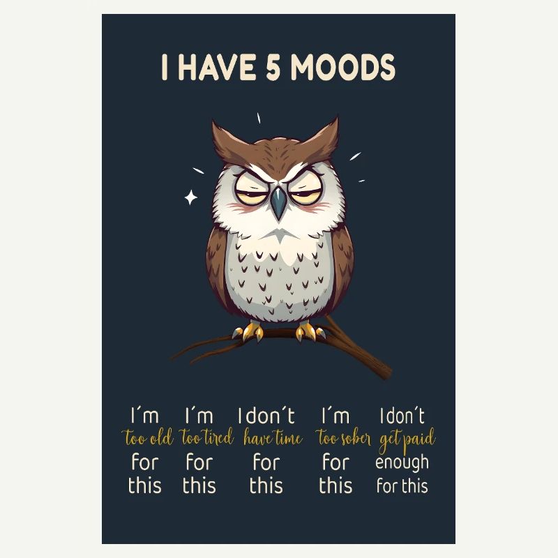 Grumpy Owl – I Have 5 Moods Funny Design