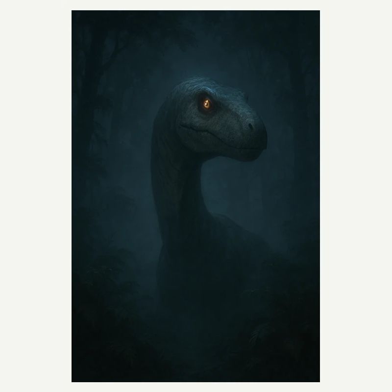 Dino in cloud forest with glowing eye