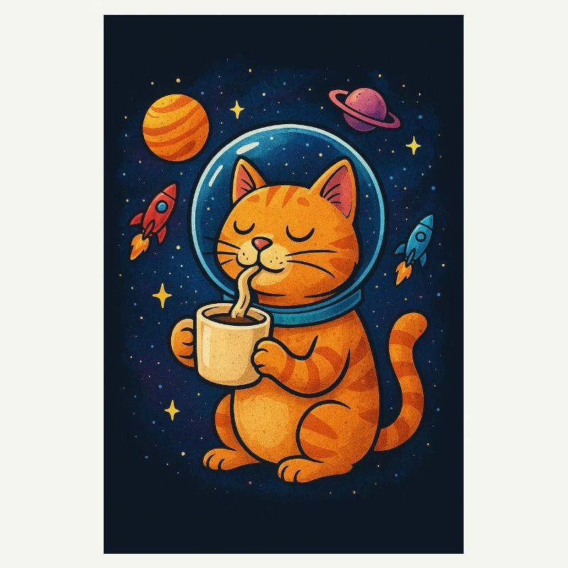 Chat en combinaison spatiale buvant du café