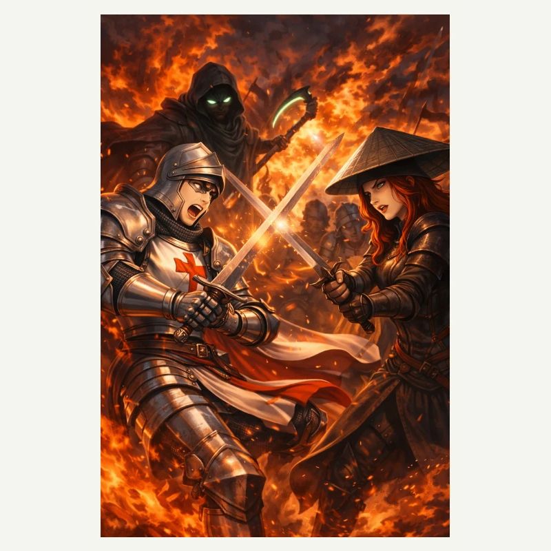 Duel de chevaliers dans la tempête de feu