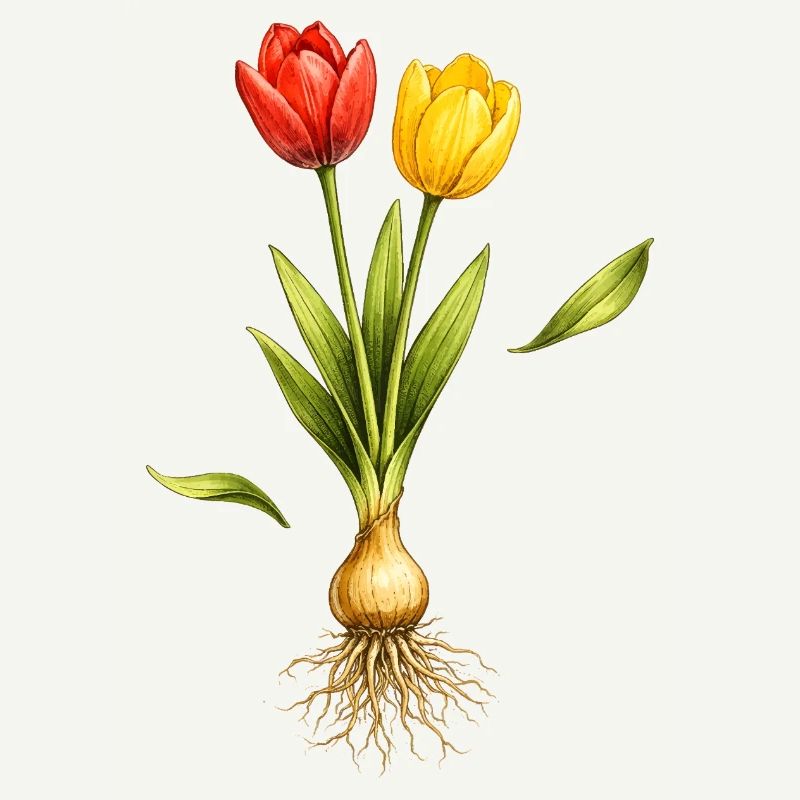 Two tulips with visible bulb and roots